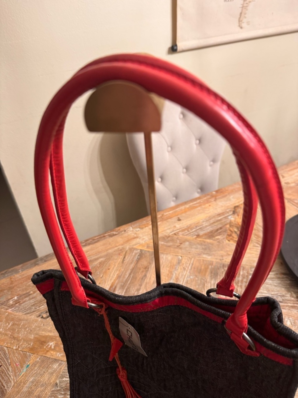 Chico's Denim Tote with Red Handles with Tassel - Picture 3 of 10